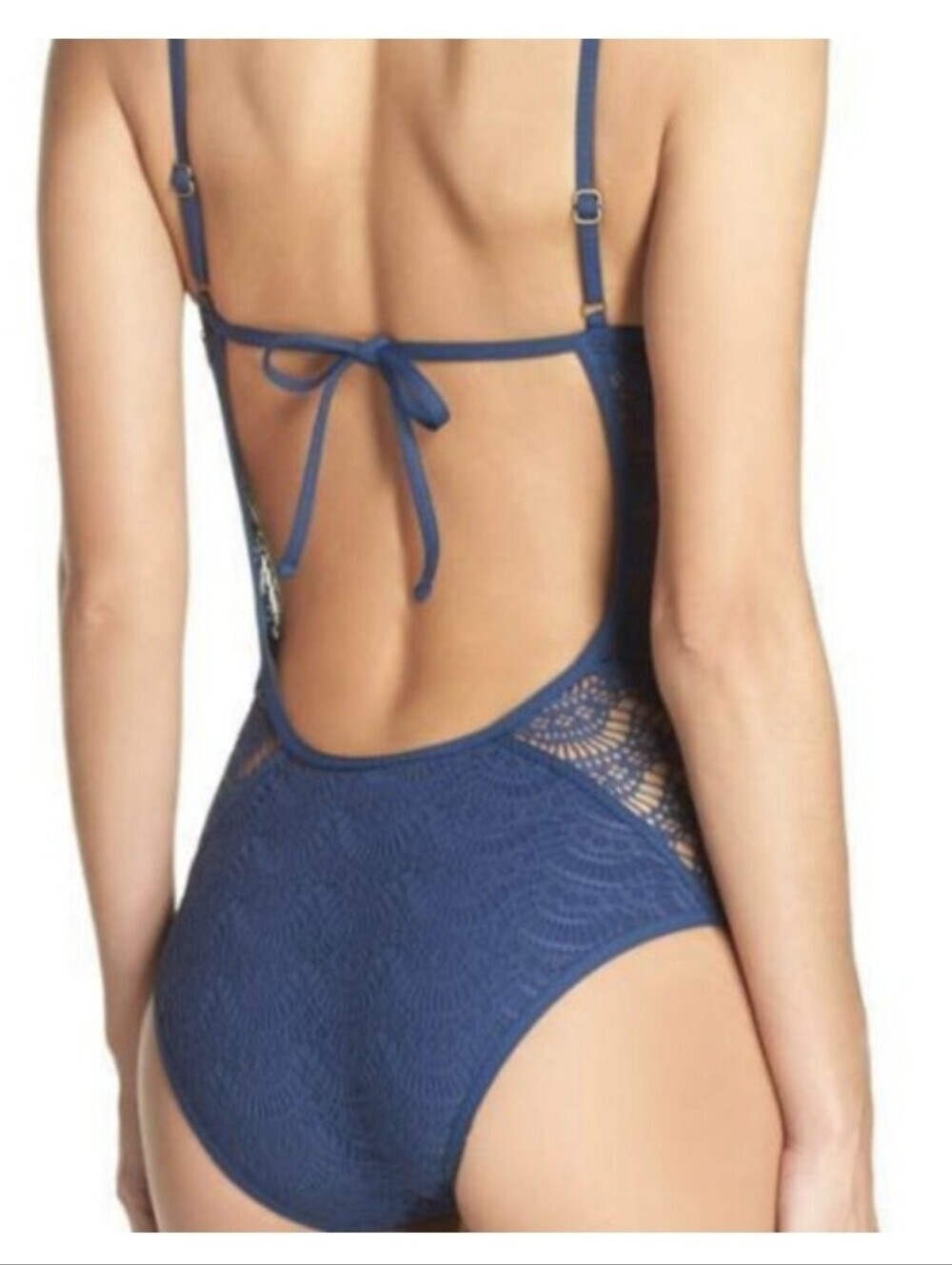 BECCA Navy Blue Crochet One-Piece Swimsuit Size L